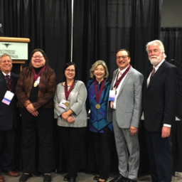 2018 Fellows Induction L-R: Jack Truschel, Council Chair, new Fellows Janet Norton, Sonya Armstrong, and Jackie Harris, with Fellows Russ Hodges and Norm Stahl